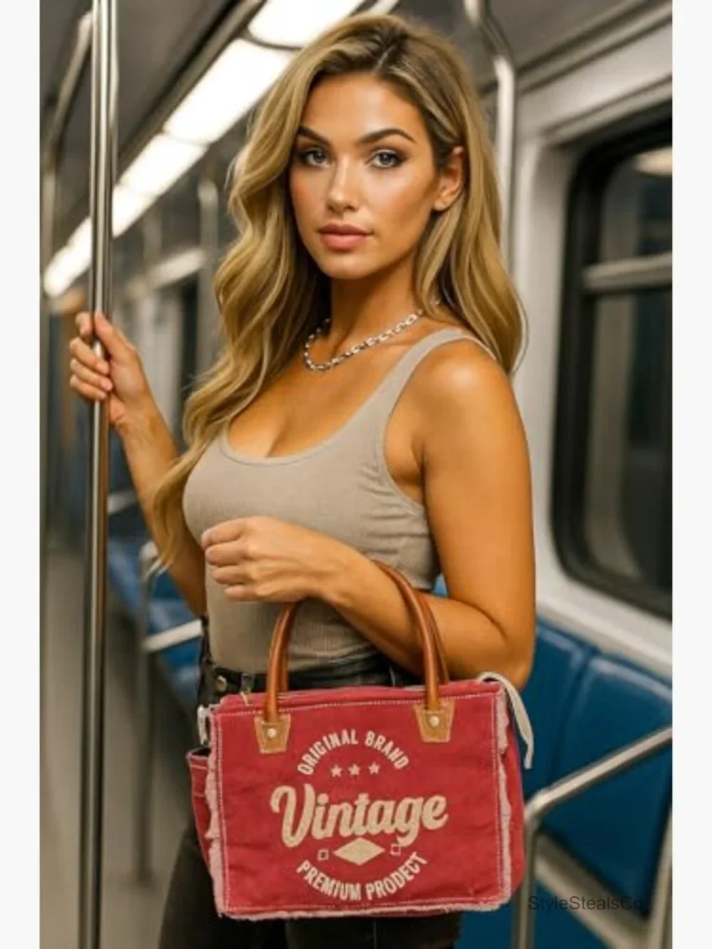 Canvas Tote Bag with Leather Handles, Shoulder & Beach Bag - 13x10 - Picture 2 of 7